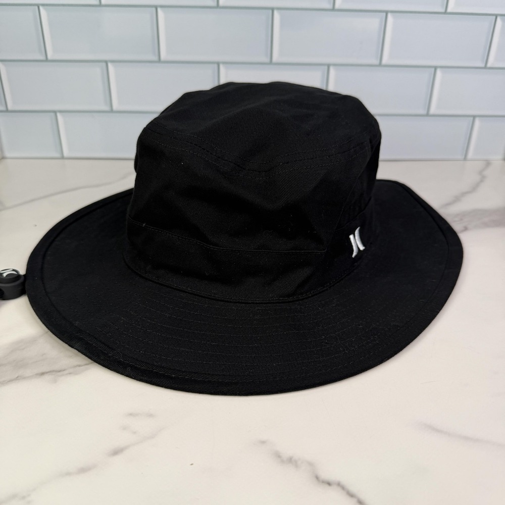 Hurley Hat Boonie Mens S-M Black Solid Wide Brim Chin Strap Outdoor Fishing